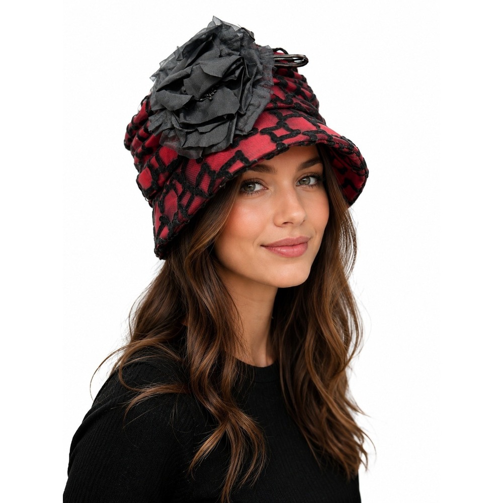 NWT Kokin New York Red Black Velvet Floral Cloche Bucket Hat Couture Millinery